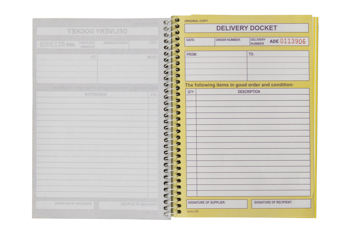 Spirax 556 delivery docket book open flat on its spiral, a yellow original docket with a red printed delivery number, from and to boxes, quantity and description lines and two signature boxes