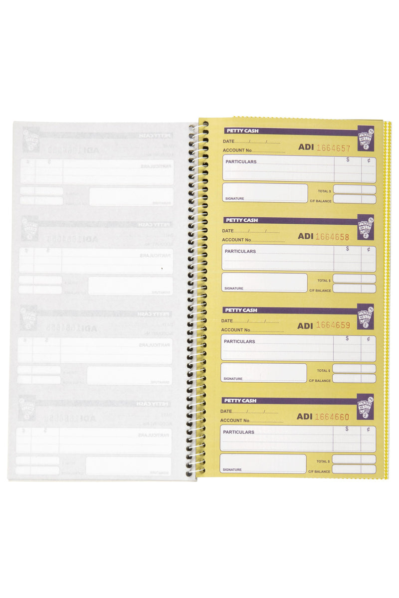 Spirax No. 552 petty cash book open flat, four yellow petty cash vouchers on the right page, each with Date, Account No., Particulars, dollar and cent columns and a printed red number