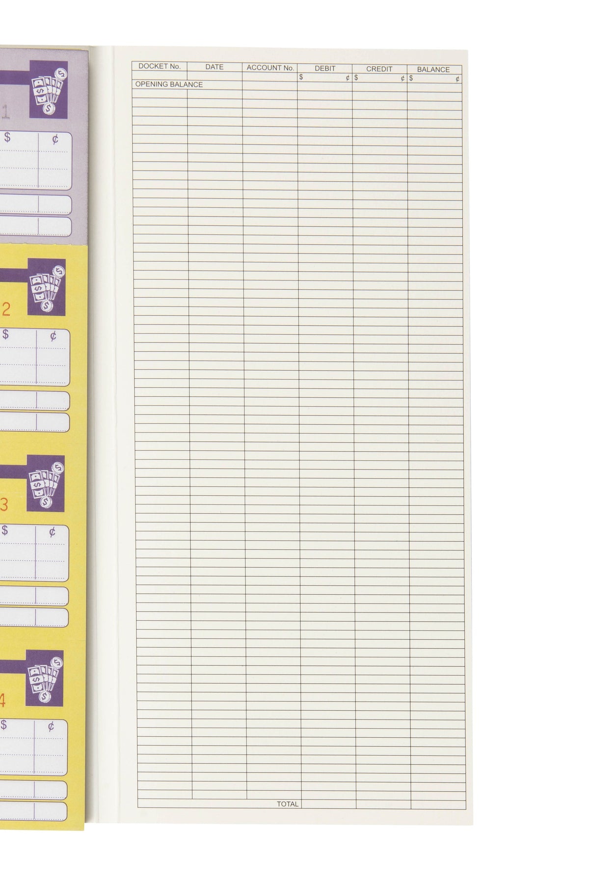 Reconciliation page inside a Spirax petty cash book with columns for Docket No., Date, Account No., Debit, Credit and Balance, an Opening Balance line and a Total line, beside the voucher stubs