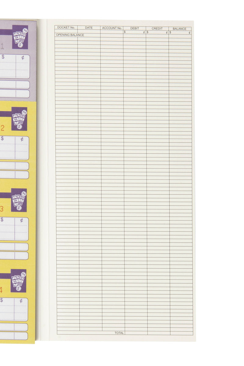 Reconciliation page inside a Spirax petty cash book with columns for Docket No., Date, Account No., Debit, Credit and Balance, an Opening Balance line and a Total line, beside the voucher stubs