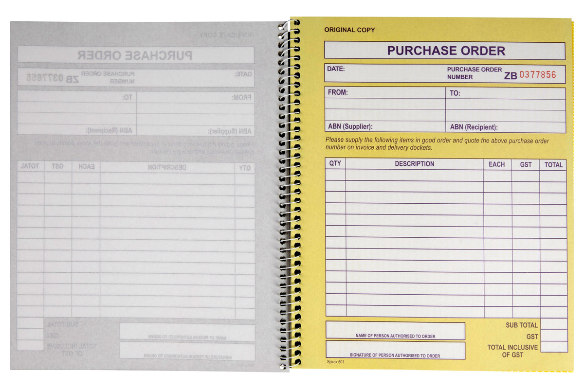 Spirax 501 book open at a yellow original Purchase Order form with date, order number, from, to, ABN, quantity, description, each, GST and total fields, the duplicate page on the left