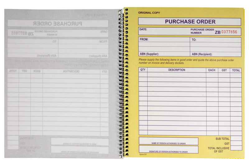 Spirax 501 book open at a yellow original Purchase Order form with date, order number, from, to, ABN, quantity, description, each, GST and total fields, the duplicate page on the left