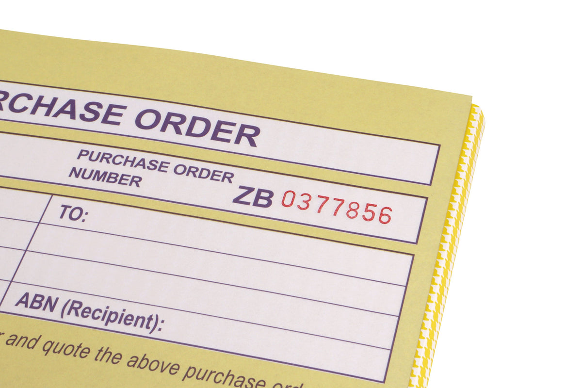 Close-up of a Spirax 501 yellow purchase order form showing the Purchase Order Number box with its sequential number printed in red