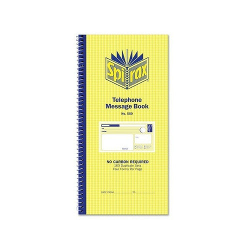 Spirax carbonless telephone message book with spiral binding and pre-printed forms, 279x144mm format