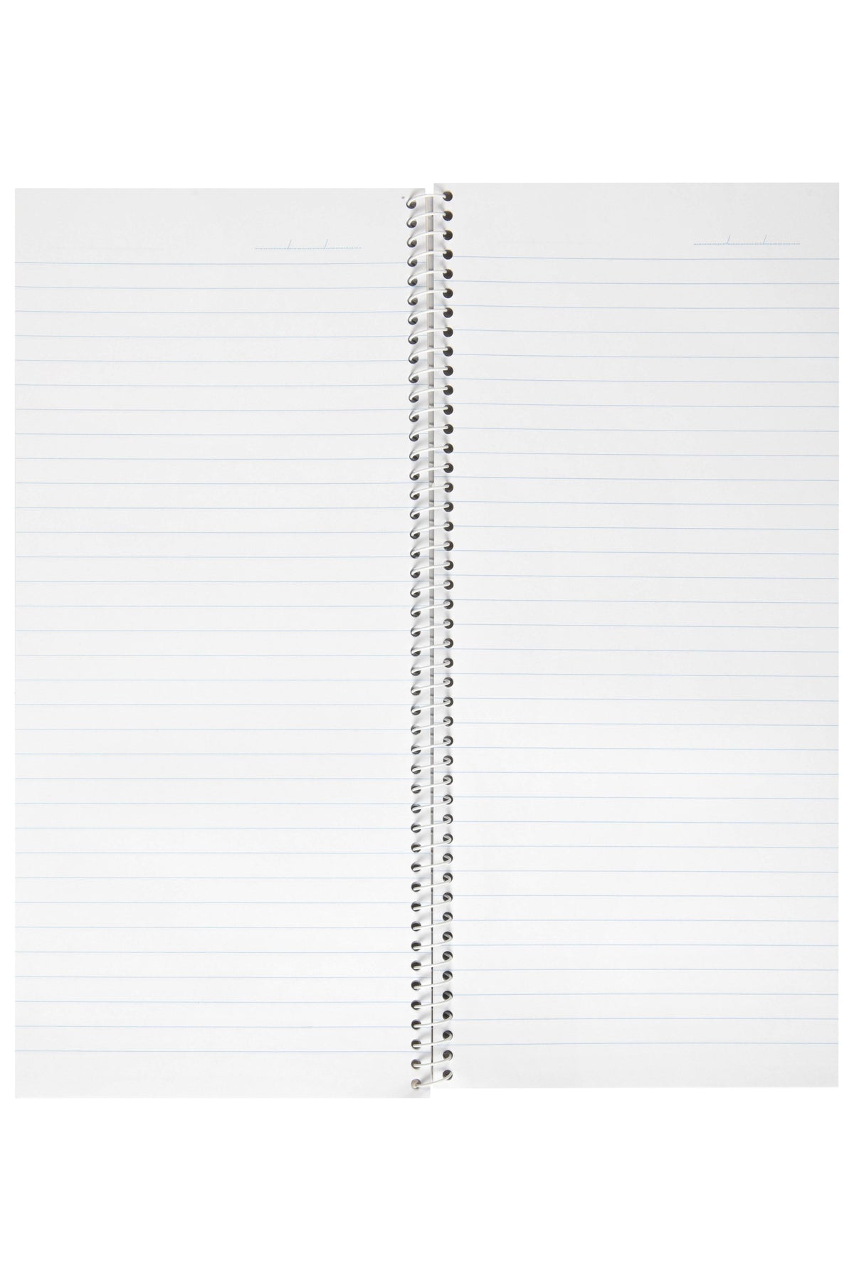 Spirax No. 543 counter book open flat on its side spiral, showing two tall pages of plain feint ruled lines with a short line at the top of each page