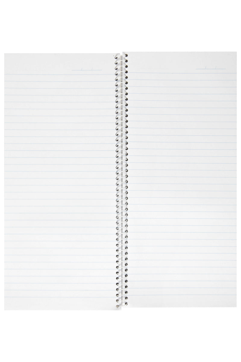 Spirax No. 543 counter book open flat on its side spiral, showing two tall pages of plain feint ruled lines with a short line at the top of each page