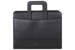 Front of the closed black Spirax executive compendium with two carry handles raised above the zip and a front pocket across the lower half