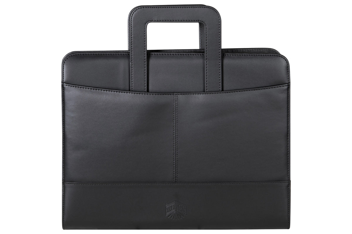 Front of the closed black Spirax executive compendium with two carry handles raised above the zip and a front pocket across the lower half