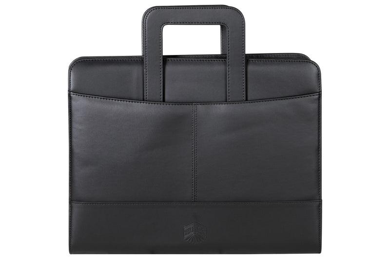 Front of the closed black Spirax executive compendium with two carry handles raised above the zip and a front pocket across the lower half