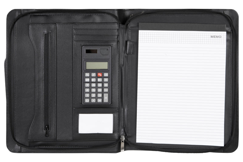 Spirax executive compendium opened flat, with a zip pocket, calculator and card window on the left and a ruled A4 memo pad on the right