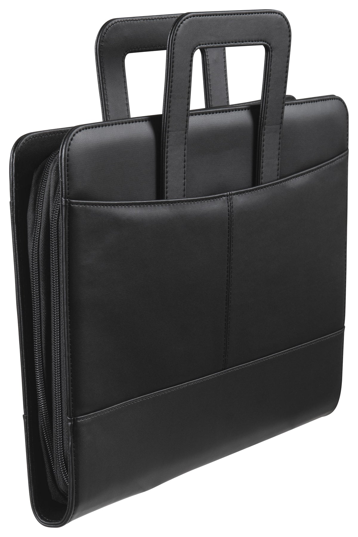 Closed Spirax executive compendium seen at an angle, showing the zip around the edge, the raised handles and the stitched front pocket