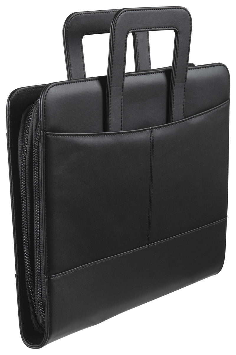 Closed Spirax executive compendium seen at an angle, showing the zip around the edge, the raised handles and the stitched front pocket