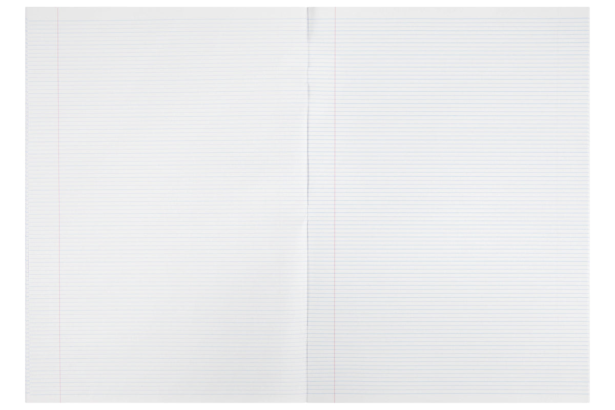 Open Spirax 101 exercise book lying flat, showing a double page of 9mm dotted thirds ruling with a red margin line near the left edge