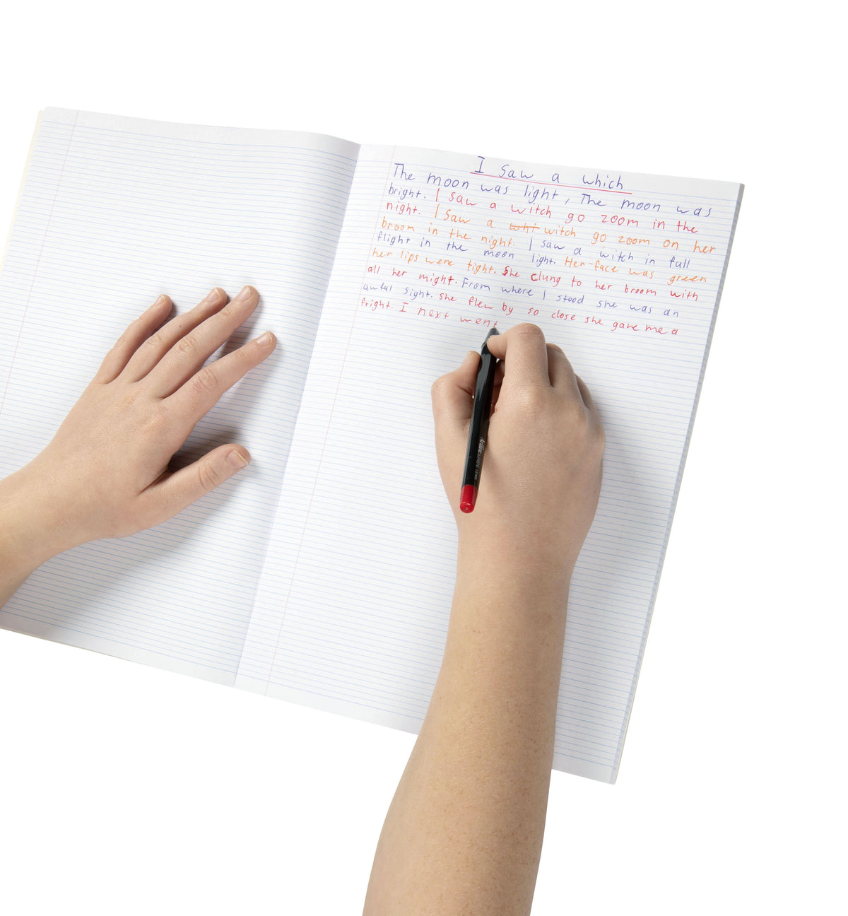 A student writing a story in blue, red and orange pen across the 9mm dotted thirds pages of an open Spirax 101 exercise book