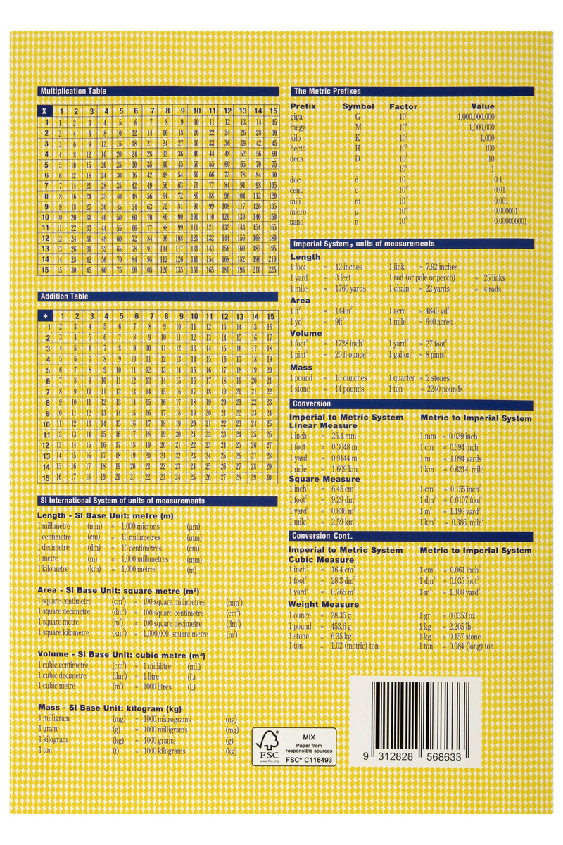 Back cover of the Spirax 101 in yellow houndstooth, printed with multiplication and addition tables, metric and imperial measurement charts and a barcode