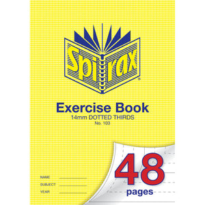 Spirax 103 A4 exercise book with the yellow houndstooth cover printed 14mm dotted thirds and No. 103, with 48 pages in red on the page curl