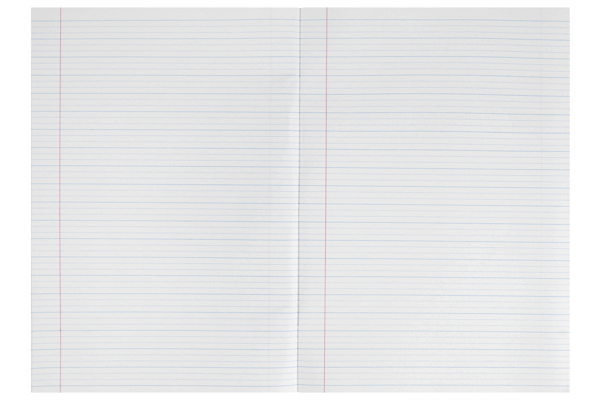 Double page spread of the Spirax 103 exercise book lying open, ruled in 14mm dotted thirds with a red margin line on each page