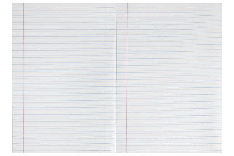 Double page spread of the Spirax 103 exercise book lying open, ruled in 14mm dotted thirds with a red margin line on each page
