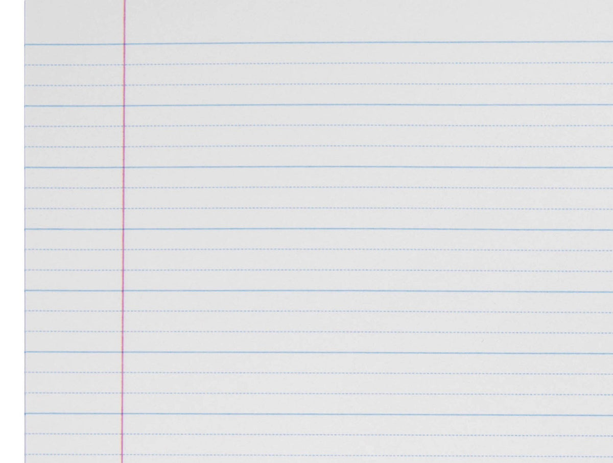 Close-up of the Spirax 103 page ruling from the ACCO interior photo, showing solid blue lines 14mm apart, two dotted lines in each space and a red margin