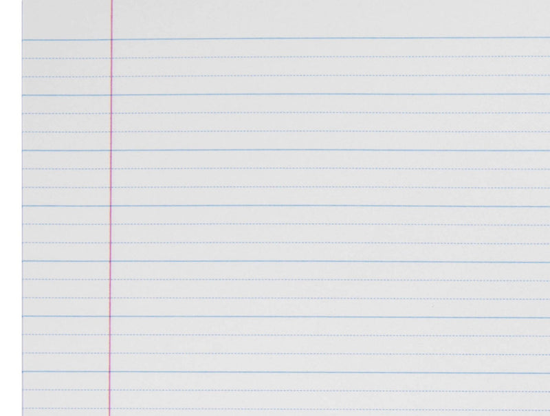 Close-up of the Spirax 103 page ruling from the ACCO interior photo, showing solid blue lines 14mm apart, two dotted lines in each space and a red margin