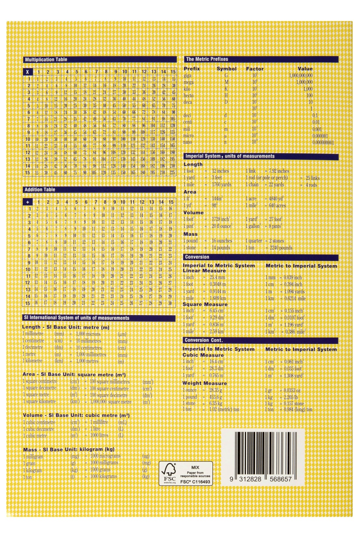 Yellow houndstooth back cover of the Spirax 103 exercise book with times tables, an addition table, measurement conversion charts and a barcode