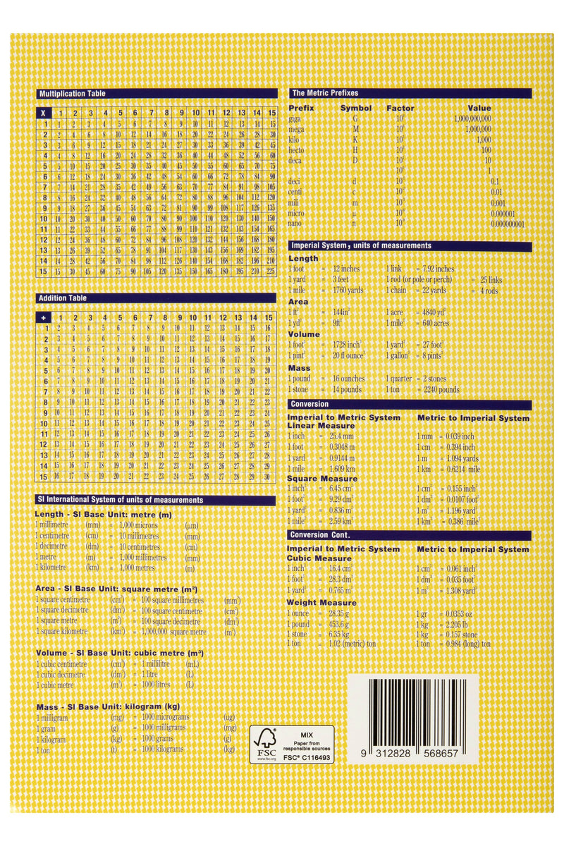 Yellow houndstooth back cover of the Spirax 103 exercise book with times tables, an addition table, measurement conversion charts and a barcode
