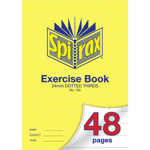 Spirax 105 A4 exercise book with a yellow and blue houndstooth cover printed 24mm dotted thirds and No. 105, with 48 pages on a white page curl
