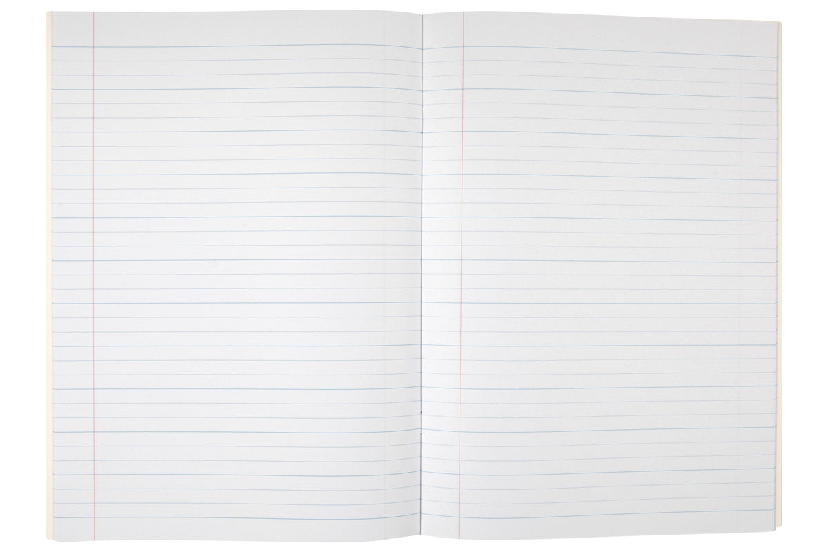 Spirax 105 exercise book open flat at a double page of 24mm dotted thirds ruling, with a red margin line near the left of each page