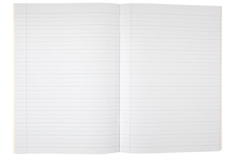 Spirax 105 exercise book open flat at a double page of 24mm dotted thirds ruling, with a red margin line near the left of each page