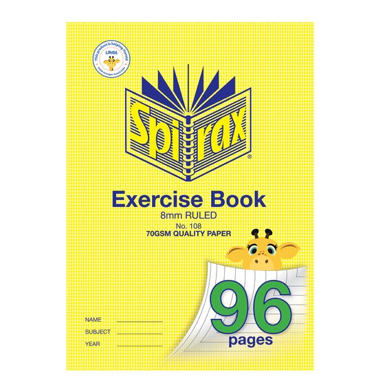 Spirax 108 A4 exercise book in the yellow houndstooth cover with a cartoon giraffe peeking over the corner, marked 8mm ruled with 96 pages in green