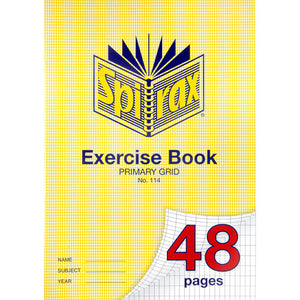 Spirax 114 A4 exercise book in the yellow houndstooth cover marked Primary Grid, with 48 pages on a page curl showing the grid inside