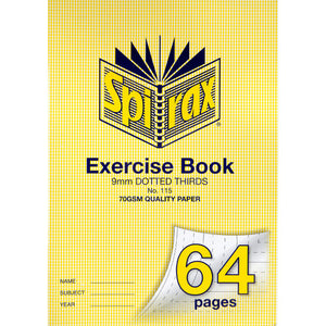 Spirax 115 A4 exercise book with a yellow houndstooth cover printed 9mm dotted thirds, No. 115 and 70gsm quality paper, with 64 pages in yellow