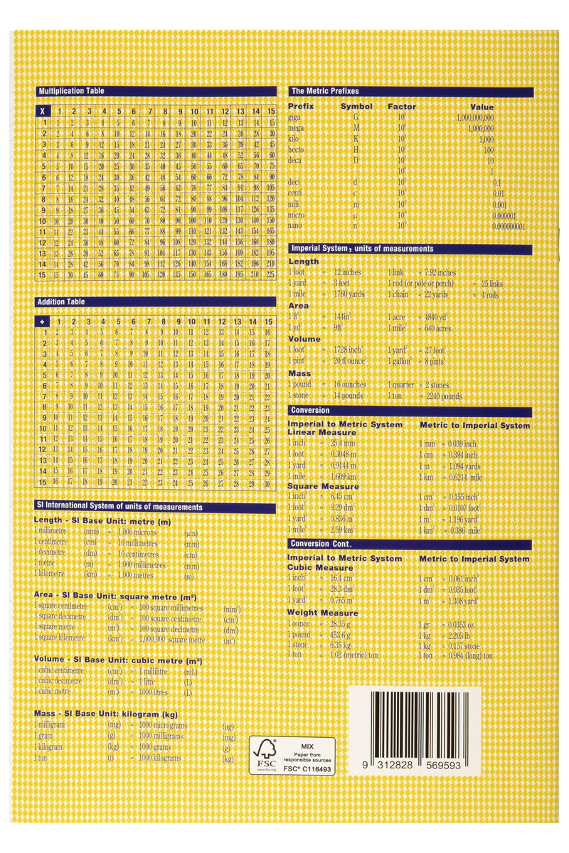 Back cover of the Spirax 117 exercise book in yellow houndstooth, printed with multiplication and addition tables, metric prefixes, measurement conversions and a barcode