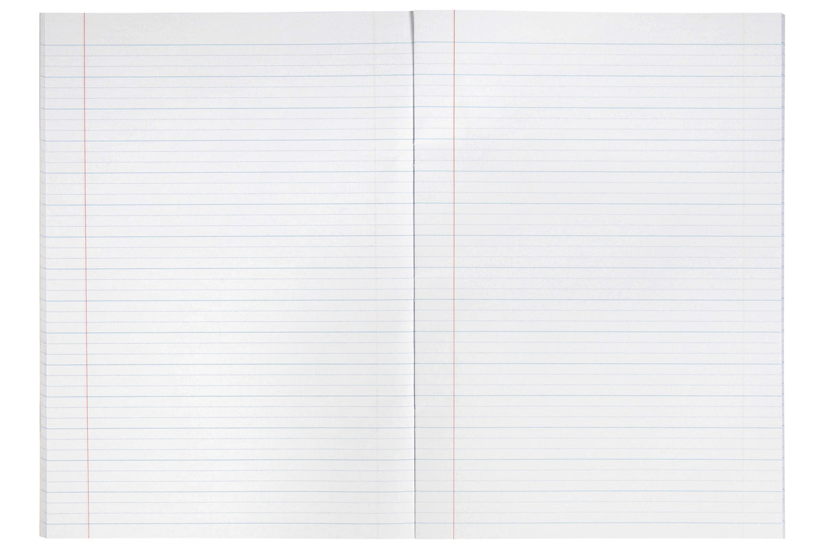 Open Spirax 117 A4 exercise book showing a blank double page of 18mm dotted thirds, solid blue lines with two dotted guide lines between each pair and a red margin line on each page