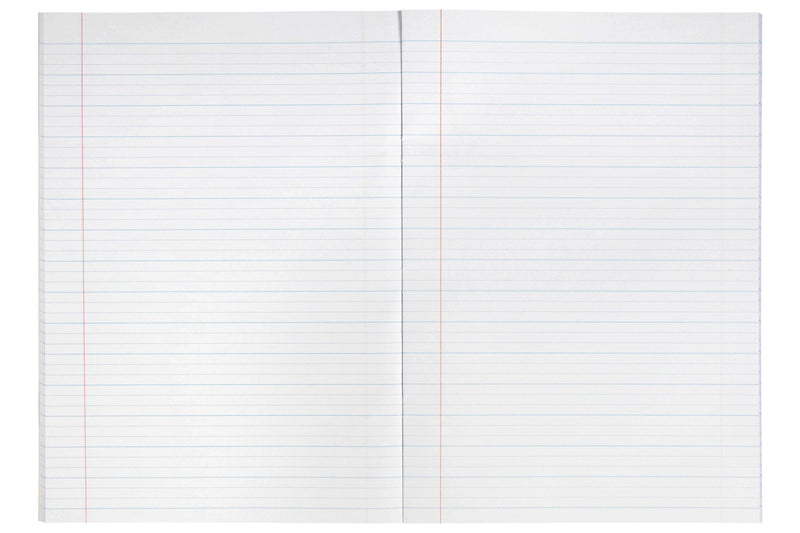 Open Spirax 117 A4 exercise book showing a blank double page of 18mm dotted thirds, solid blue lines with two dotted guide lines between each pair and a red margin line on each page