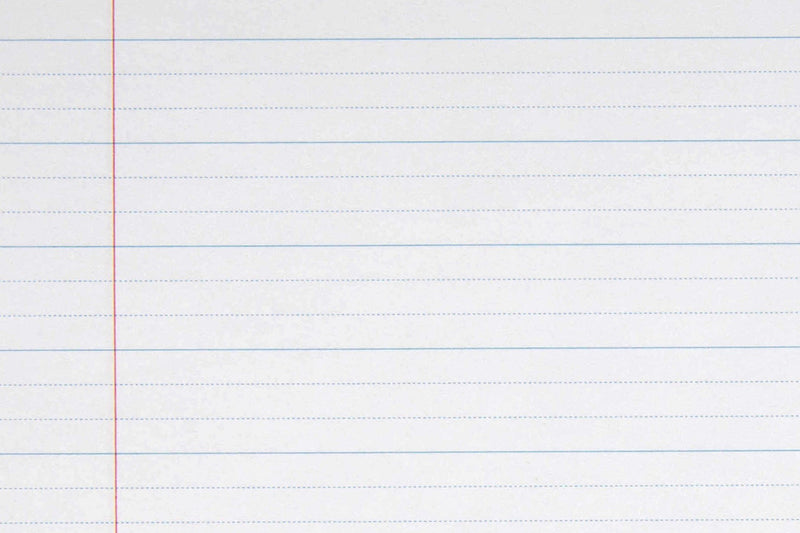 Close-up of the page ruling in the Spirax 117 exercise book: solid blue lines with two dotted guide lines splitting each space into thirds, and a red margin line