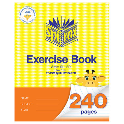 Spirax 195 exercise book cover in yellow with an orange band, printed 8mm ruled and 70gsm quality paper, and a giraffe over the 240 pages corner