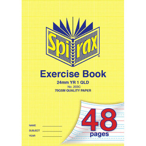Spirax 203C A4 exercise book with a yellow and blue houndstooth cover printed 24mm YR 1 QLD, No. 203C and 70gsm quality paper, 48 pages on a curl
