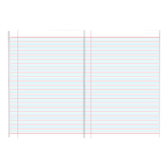 Open Spirax 205 exercise book showing both pages ruled in blue lines with every third line in red and a vertical red rule down each page