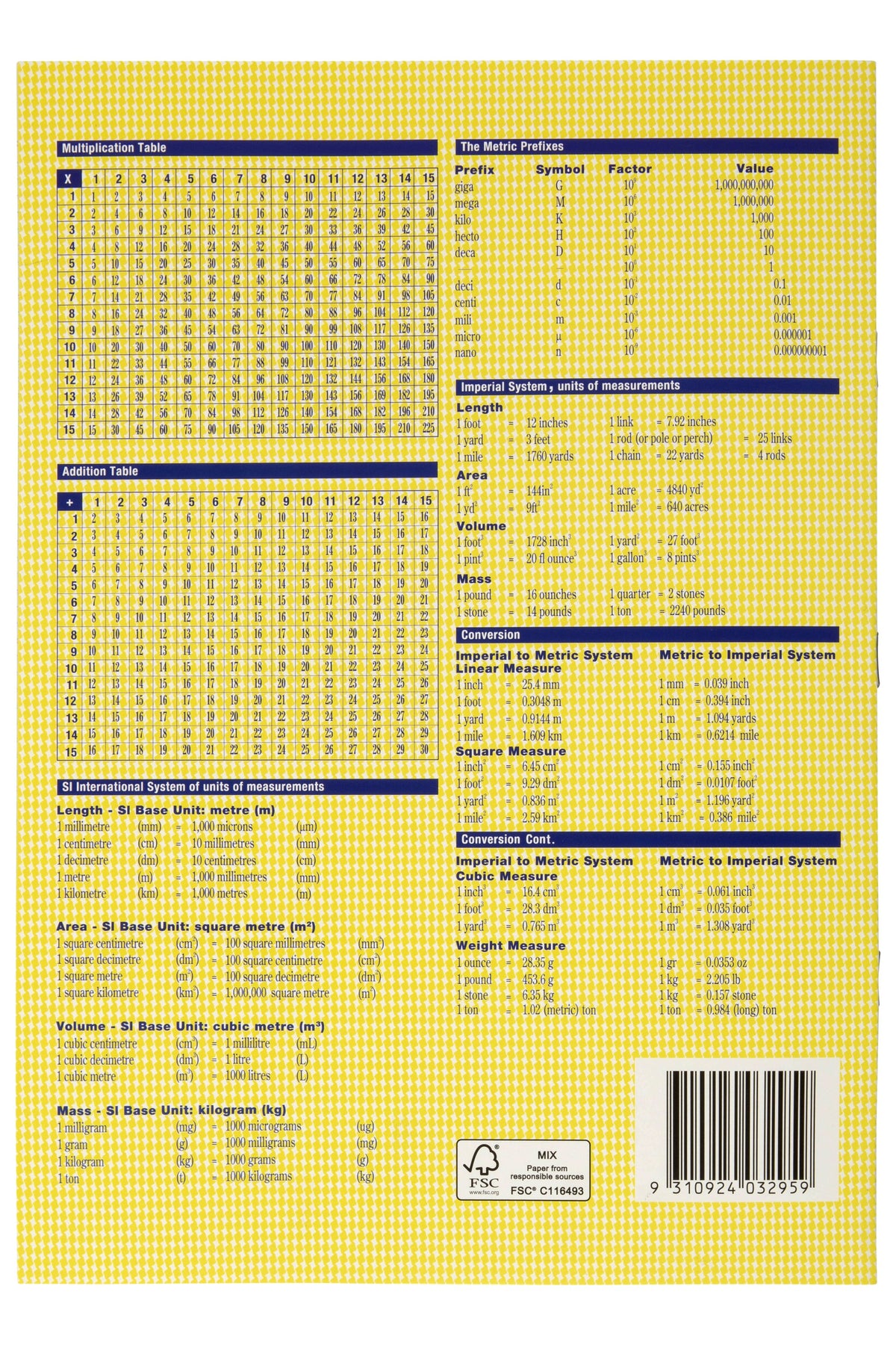 Back cover of the Spirax 205 exercise book in yellow with multiplication and addition tables, measurement conversion charts and a barcode