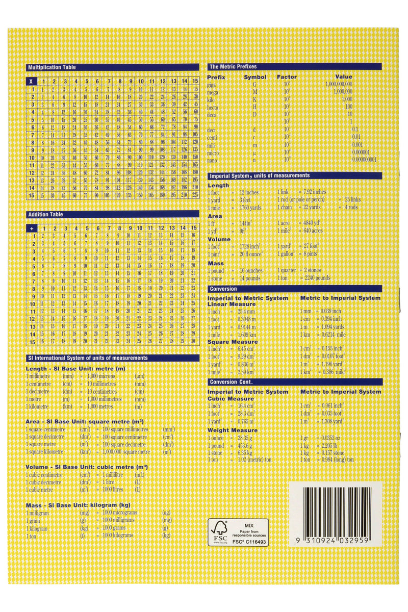 Back cover of the Spirax 205 exercise book in yellow with multiplication and addition tables, measurement conversion charts and a barcode
