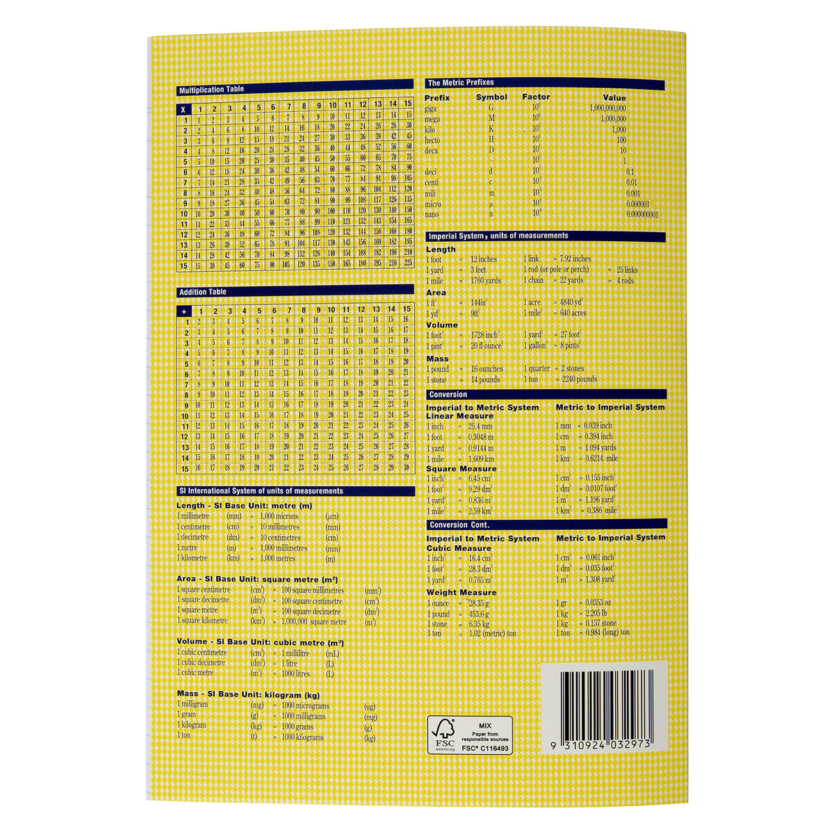 Back cover of the Spirax 210 exercise book with a multiplication table, an addition table, metric prefixes and imperial and metric conversion tables