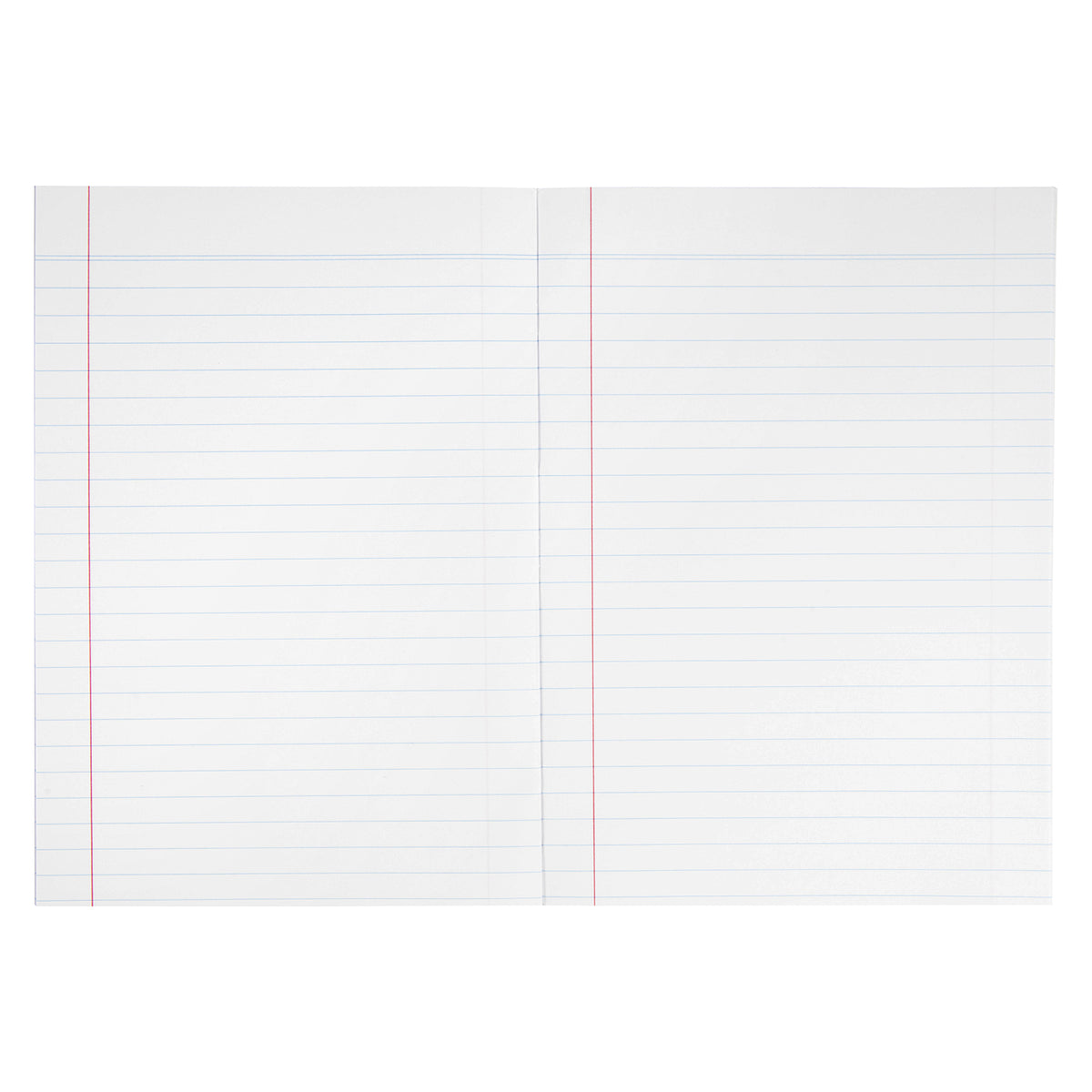 Open double page of a Spirax exercise book showing ruled writing lines running across both white pages