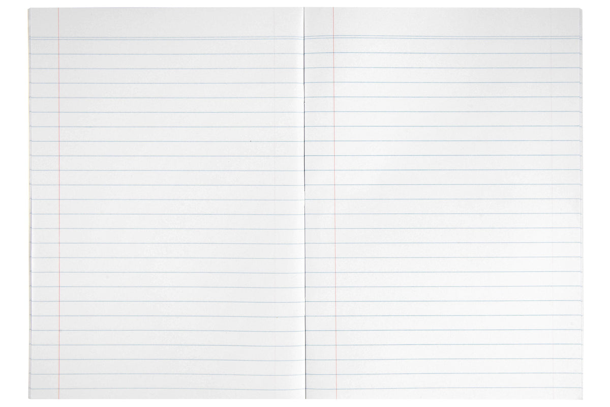 Open Spirax 211 A4 exercise book showing both pages ruled with evenly spaced blue lines and a red margin line on each page