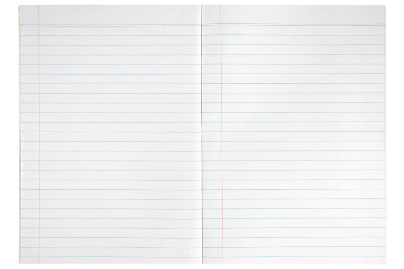 Open Spirax 211 A4 exercise book showing both pages ruled with evenly spaced blue lines and a red margin line on each page
