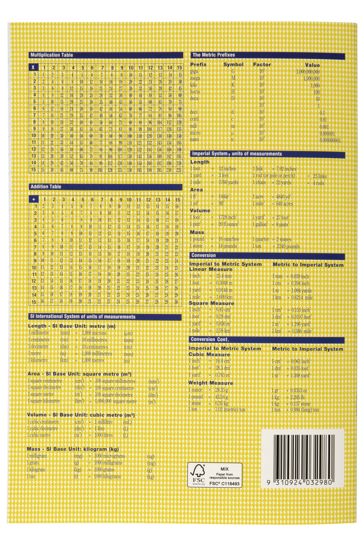 Back cover of the Spirax 211 exercise book in yellow with multiplication and addition tables, measurement conversion charts and a barcode