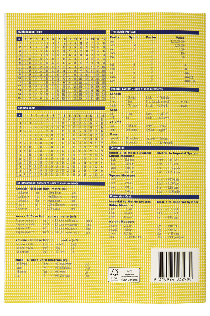 Back cover of the Spirax 211 exercise book in yellow with multiplication and addition tables, measurement conversion charts and a barcode