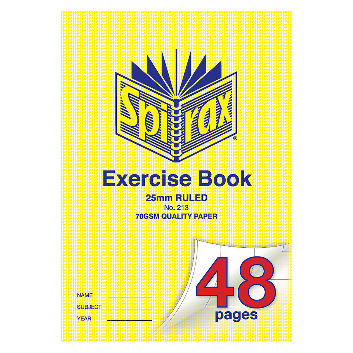 Front cover of the Spirax 213 A4 exercise book in yellow houndstooth, marked 25mm ruled, No. 213, 70gsm quality paper and 48 pages in red