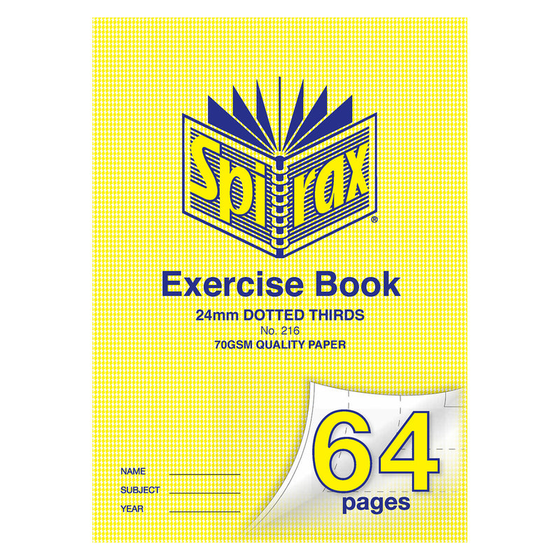 Spirax 216 A4 exercise book cover in yellow marked 24mm dotted thirds and 70gsm quality paper, with 64 pages on the curled corner