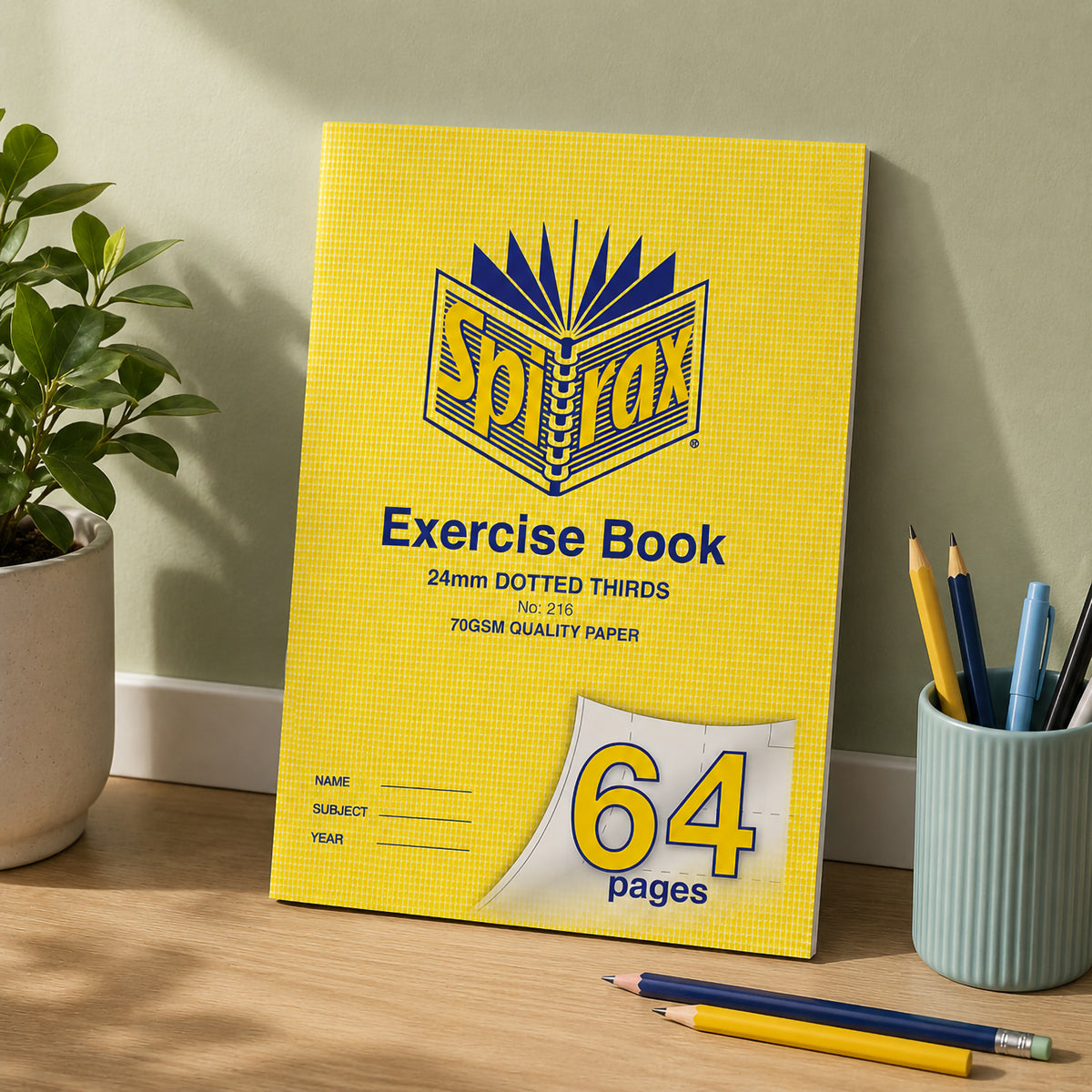 Spirax 216 A4 exercise book standing against a wall on a timber desk beside a pot plant and a cup of pencils
